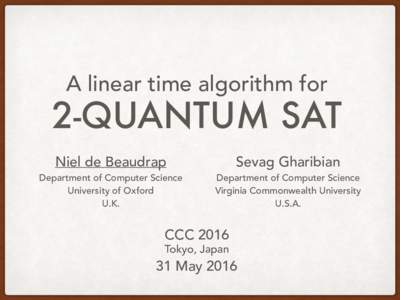 A linear time algorithm for  2-QUANTUM SAT Niel de Beaudrap   Department of Computer Science 