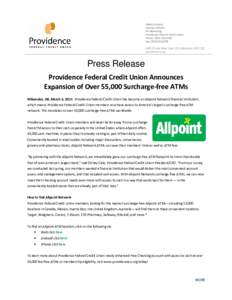 Providence FCU Announces Expansion of Surcharge-Free ATMs