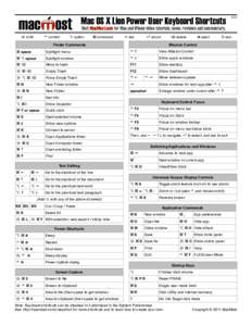 Mac OS X Lion Power User Keyboard Shortcuts  v2.0.1 Visit MacMost.com for Mac and iPhone video tutorials, news, reviews and commentary.