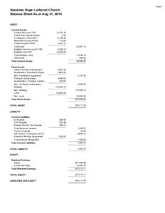 Page 1  Nanaimo Hope Lutheran Church Balance Sheet As at Aug 31, 2014 ASSET Current Assets