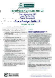 Information Circular No: 93 Stamp Duties Act 1923 Land Tax Act 1936 Payroll Tax ActState Budget