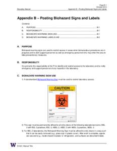 Biosafety Manual  Page B-1 October 2014 Appendix B – Posting Biohazard Signs and Labels