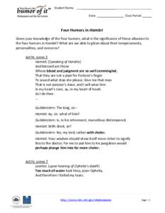 High school lesson plan - Four Humors in Hamlet