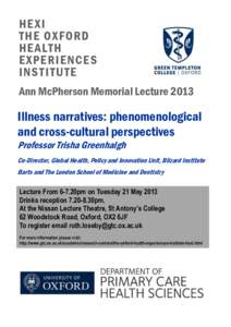 HEXI THE OXFORD HEALTH EXPERIENCES INS TITUTE Ann McPherson Memorial Lecture 2013