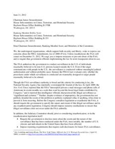 June 11, 2012 Chairman James Sensenbrenner House Subcommittee on Crime, Terrorism, and Homeland Security Rayburn House Office Building B-370B Washington, DC[removed]Ranking Member Bobby Scott