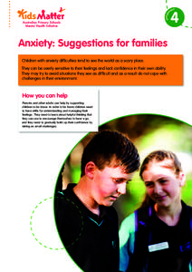 co m p o  Anxiety: Suggestions for families Children with anxiety difficulties tend to see the world as a scary place. They can be overly sensitive to their feelings and lack confidence in their own ability. They may try