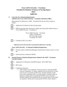 Texas A&M University – Texarkana Checklist for Bachelor of Science in Nursing Degree (BSN) Applicants I.