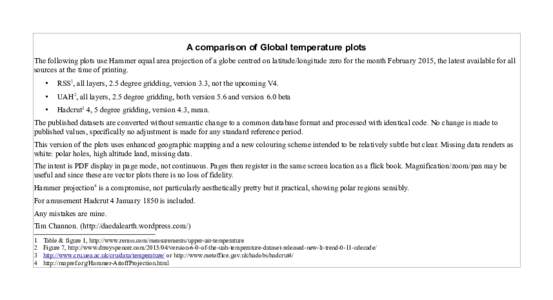 A comparison of Global temperature plots The following plots use Hammer equal area projection of a globe centred on latitude/longitude zero for the month February 2015, the latest available for all sources at the time of