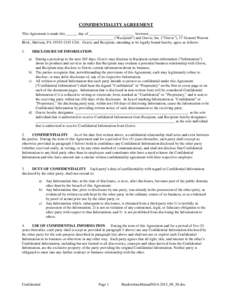 CONFIDENTIALITY AGREEMENT This Agreement is made this ______ day of ________________, ______ between __________________ ________________________________________________ (“Recipient”) and Gravic, Inc. (