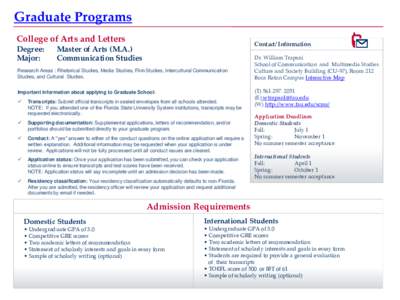 Graduate Programs College of Arts and Letters Degree: Major:  Contact/ Information