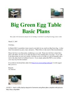 Big Green Egg Table Basic Plans Basic plans (with instructions and parts list) for building a wood table for your Big Green Egg ceramic cooker March 21, 2007 Greetings,