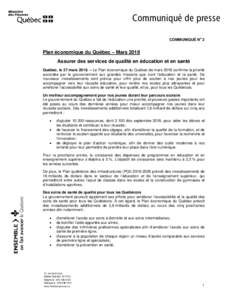 Communiqué de presse o COMMUNIQUÉ N 2  Plan économique du Québec – Mars 2018