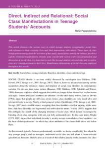 © Y OUT H & POL I C Y, Direct, Indirect and Relational: Social Class Manifestations in Teenage Students’ Accounts