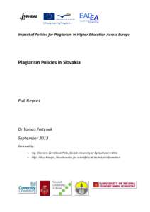 Impact of Policies for Plagiarism in Higher Education Across Europe  Plagiarism Policies in Slovakia Full Report