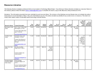 Resource Libraries The following libraries completed submission forms to be included in Technology Made Simple . If you think your library should be included as a resource library on this website, please contact Kim Bola