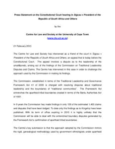 Press Statement on the Constitutional Court hearing in Sigcau v President of the Republic of South Africa and Others by the  Centre for Law and Society at the University of Cape Town