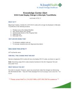  	
    Knowledge Center Alert ICD-9 Code Display Change in Allscripts TouchWorks sent week of Oct. 5