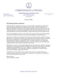 COMMONWEALTH of VIRGINIA George Coulter Chief Information Officer Email:   Virginia Information Technologies Agency