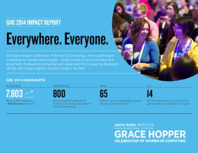 GHC 2014 IMPACT REPORT  Everywhere. Everyone. The Grace Hopper Celebration of Women in Computing—the world’s largest conference for women technologists—broke records in 2014 and sold out in record time. Produced in