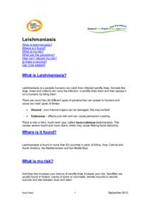 Leishmaniasis  What is leishmaniasis?  Where is it found?  What is my risk?  What are the symptoms?  How can I reduce my risk? 
