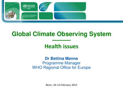Global Climate Observing System –––––– Health issues Dr Bettina Menne Programme Manager WHO Regional Office for Europe