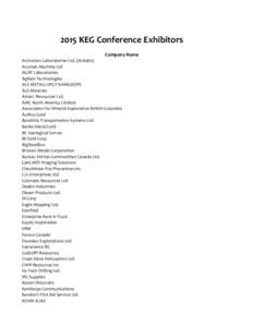 2015 KEG Conference Exhibitors Company Name Activation Laboratories Ltd. (Actlabs) Acumen Machine Ltd AGAT Laboratories Agilent Technologies