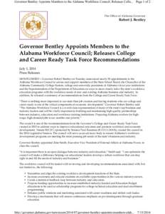 Governor Bentley Appoints Members to the Alabama Workforce Council; Releases Colle... Page 1 of 2  The Office of Alabama Governor Robert J. Bentley
