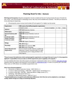 Planning Sheet for MSU - Mankato MLS Program Prerequisites: Required prerequisites must be complete by the end of spring semester the year of transfer for year 3 entry. Care must be taken in scheduling courses; they may 