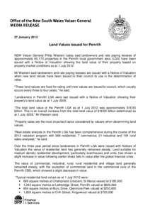 27 January[removed]Land Values issued for Penrith NSW Valuer General Philip Western today said landowners and rate paying lessees of approximately 60,170 properties in the Penrith local government area (LGA) have been issu