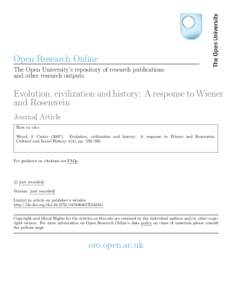 Open Research Online The Open University’s repository of research publications and other research outputs Evolution, civilization and history: A response to Wiener and Rosenwein