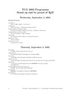 TUG 2002 Programme Stand up and be proud of TEX! Wednesday, September 4, 2002 Opening Ceremony Ajit Ranade Status of TEX in India – An Overview