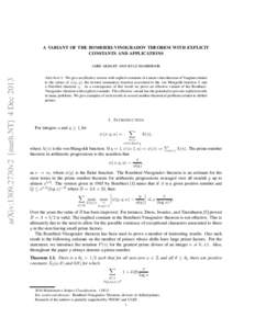 A VARIANT OF THE BOMBIERI-VINOGRADOV THEOREM WITH EXPLICIT CONSTANTS AND APPLICATIONS arXiv:1309.2730v2 [math.NT] 4 DecAMIR AKBARY AND KYLE HAMBROOK