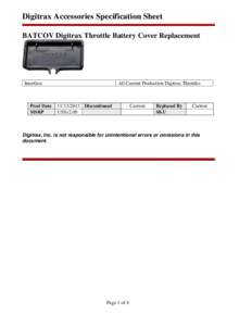 Digitrax Accessories Specification Sheet BATCOV Digitrax Throttle Battery Cover Replacement Interface  Prod Date