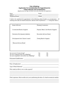 City of Belding Application for Consideration for Appointment to Citizen Boards and Commissions (Applications are kept on file for one year from date of completion.) !Name ________________________________________