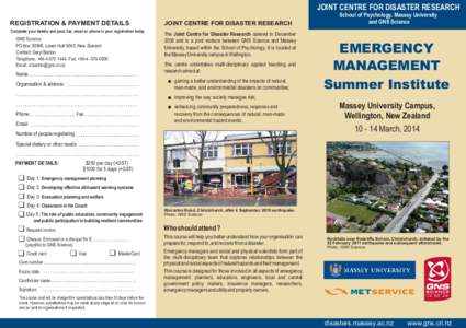 JOINT CENTRE FOR DISASTER RESEARCH REGISTRATION & PAYMENT DETAILS Complete your details and post, fax, email or phone in your registration today GNS Science PO Box 30368, Lower Hutt 5040, New Zealand