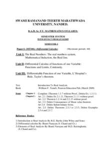 SWAMI RAMANAND TEERTH MARATHWADA UNIVERSITY, NANDED. B.A./B. Sc. F.Y. MATHEMATICS SYLLABUS: SEMESTER SYSTEM WITH EFFECT FROM JUNE2009 SEMESTER: I