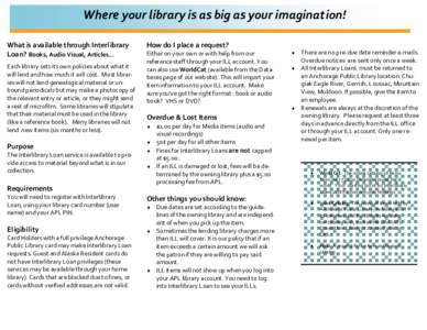 Where your library is as big as your imagination! What is available through Interlibrary Loan? Books, Audio Visual, Articles... Each library sets its own policies about what it will lend and how much it will cost. Most l
