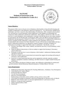 Department of Mathematical Sciences Northern Illinois University MATH 402 Methods of Instruction in the Mathematics Curriculum for Grades K-6