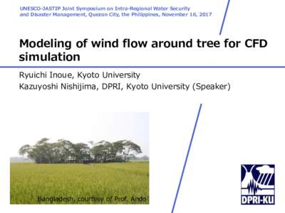 UNESCO-JASTIP Joint Symposium on Intra-Regional Water Security and Disaster Management, Quezon City, the Philippines, November 16, 2017 Modeling of wind flow around tree for CFD simulation Ryuichi Inoue, Kyoto University