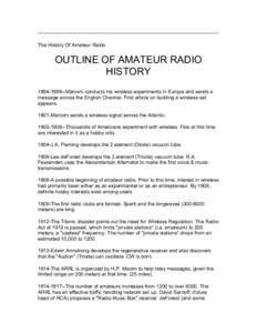 The History Of Amateur Radio  OUTLINE OF AMATEUR RADIO HISTORY[removed]Marconi conducts his wireless experiments in Europe and sends a message across the English Channel. First article on building a wireless set