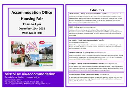 Accommodation Office Housing Fair 11 am to 4 pm December 10th 2014 Wills Great Hall