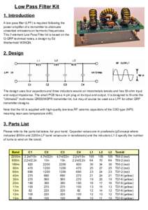 Low Pass Filter Kit 1. Introduction A low pass filter (LPF) is required following the power amplifier of a transmitter to attenuate unwanted emissions on harmonic frequencies. This 7-element Low Pass Filter kit is based 