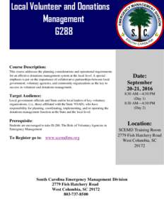 Local Volunteer and Donations  Management G288  Course Description: