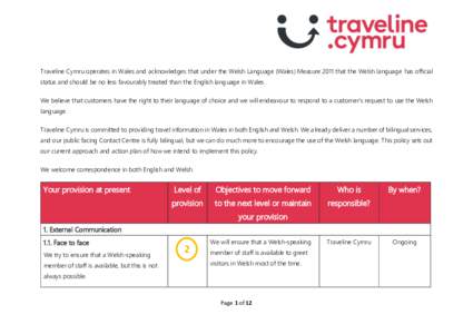 Traveline Cymru operates in Wales and acknowledges that under the Welsh Language (Wales) Measure 2011 that the Welsh language has official status and should be no less favourably treated than the English language in Wale