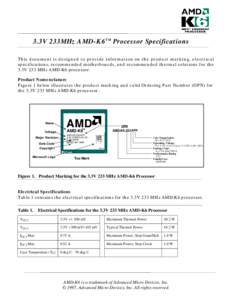 3.3V 233MHz AMD-K6TM Processor Specifications This document is designed to provide information on the product marking, electrical specifications, recommended motherboards, and recommended thermal solutions for the 3.3V 2