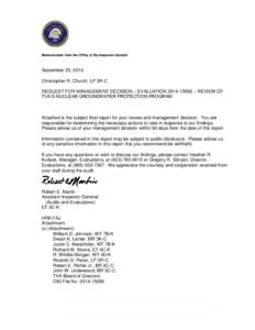 TVA RESTRICTED INFORMATION  Memorandum from the Office of the Inspector General September 25, 2014 Christopher R. Church, LP 3R-C