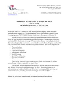 National Council of State Housing Agencies 444 North Capitol Street, NW, Suite 438 Washington, DC[removed]News Release Contact: Kristine Lewis[removed];