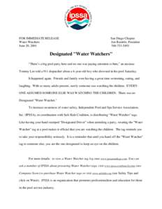 FOR IMMEDIATE RELEASE Water Watchers June 20, 2001 San Diego Chapter Jon Rumble, President