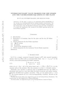 INVERSE BOUNDARY VALUE PROBLEM FOR THE STOKES AND THE NAVIER-STOKES EQUATIONS IN THE PLANE arXiv:1402.2615v1 [math.AP] 11 FebRU-YU LAI, GUNTHER UHLMANN, AND JENN-NAN WANG