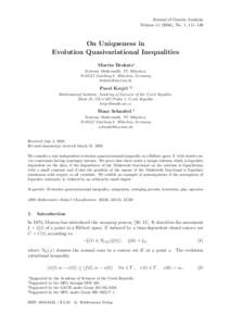 Journal of Convex Analysis Volume), No. 1, 111–130 On Uniqueness in Evolution Quasivariational Inequalities Martin Brokate∗